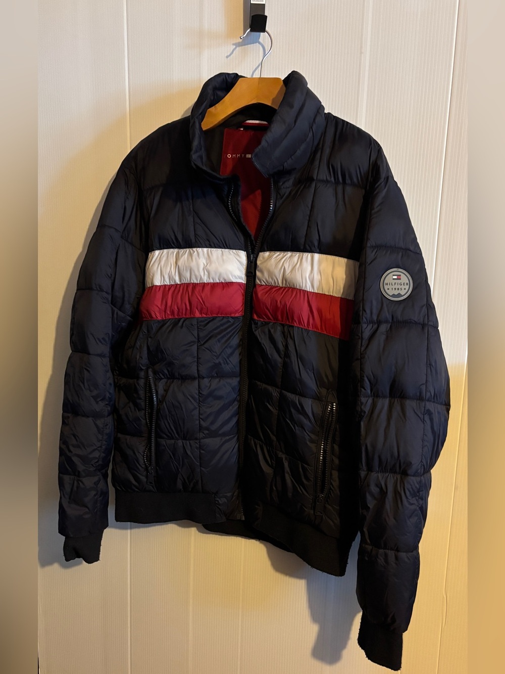 Tommy Hilfiger Navy Puffer Jacket with Red and White Chest Stripe